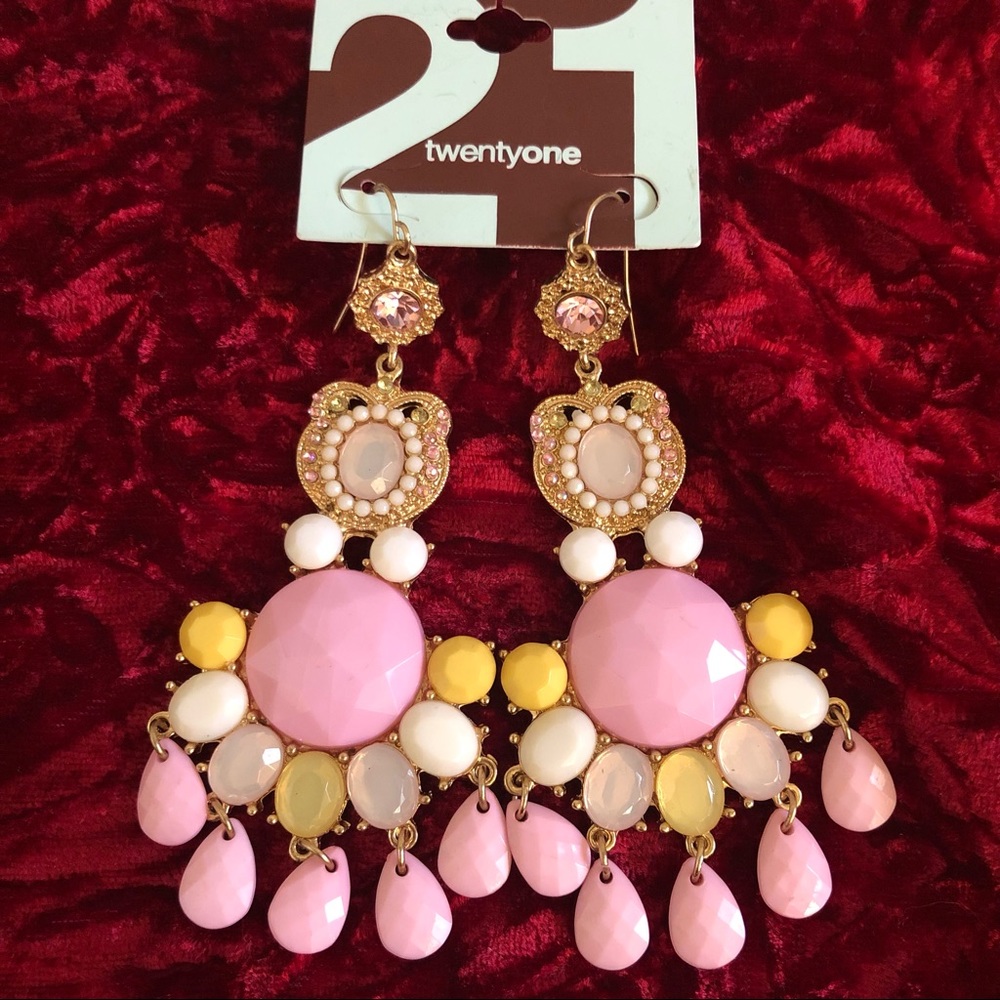Pink Beaded and Rhinestone Chandelier Earrings